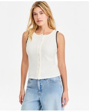 On 34th Sleeveless Rib-knit Whipstitch Button Front Top - White