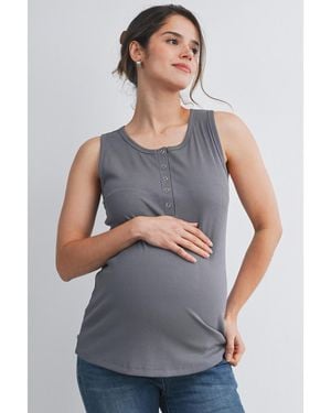 Hello Miss Maternity Ribbed Henley Tank Top Fitted Nursing Friendly - Gray