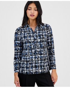 Anne Klein Essentials Petite Printed Collared 3/4-sleeve Top - Blue