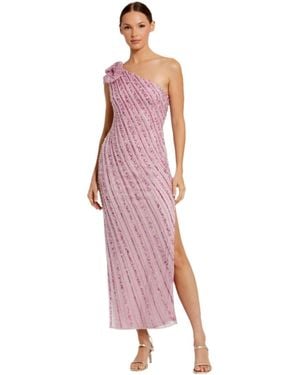 Mac Duggal One Shoulder Beaded Mesh Gown With Flower - Pink
