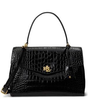 Ralph Lauren Farrah Soft Embossed Medium Leather Satchel Handbag - Black