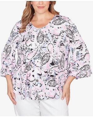 Ruby Rd. Plus Size V-neck Paisley Ruffle Sleeve Knit Top - Blue