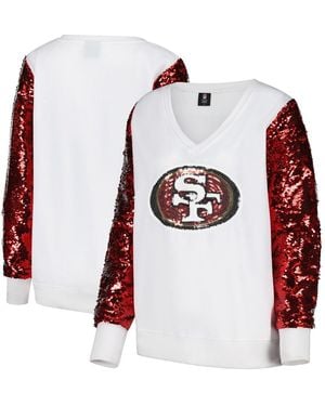 Cuce White/red San Francisco 49ers Sequin Sleeve V-neck Pullover Sweatshirt