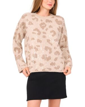 Vince Camuto Animal-print Crewneck Sequined Long-sleeve Sweater - Natural