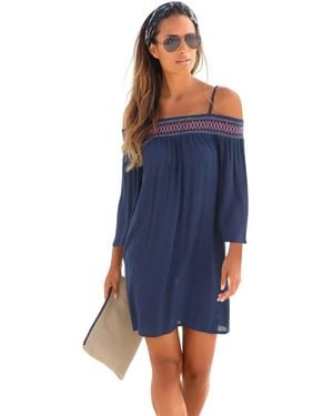 Lascana Embroidered Cold Shoulder Dress - Blue