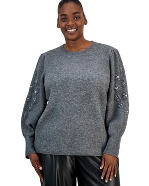 Anne Klein Plus Size Puff-sleeve Sequin-flowers Crewneck Sweater - Gray