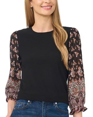 Cece Mixed Media Crew Neck Long-sleeve Puff-sleeve Blouse - Black