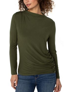 Liverpool Los Angeles Mock-neck Long-sleeve Shirred Knit Top - Green