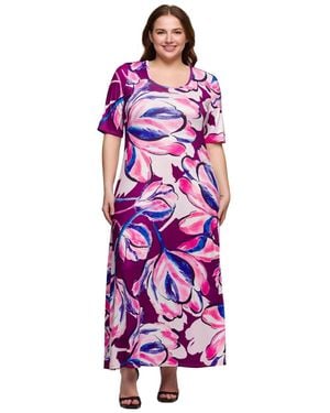 24seven Comfort Apparel Plus Size Print Elbow Sleeve Casual A-line Maxi Dress - Purple