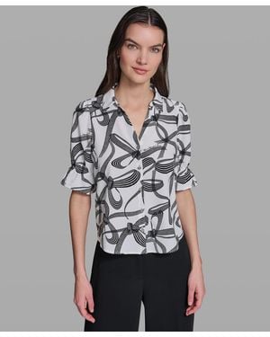 KARL LAGERFELD Petite Bow Print Collared Blouse - Gray