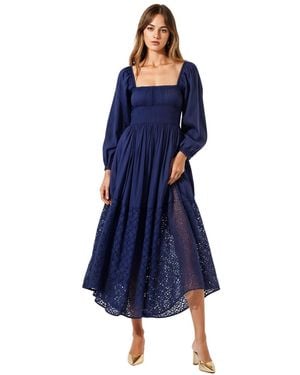 Modenaire Square-neck Smocked Eyelet Hem Midi Dress - Blue