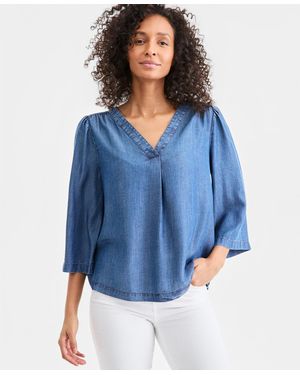 Style & Co. Petite V-neck Bell Sleeves Top - Blue
