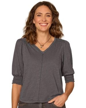Democracy Petite Elbow-length Blouson Scalloped V-neck Blouse - Gray