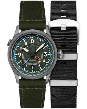 AVI-8 Flyboy Wingman Worldtimer Gmt Automatic Leather Strap Watch - Green