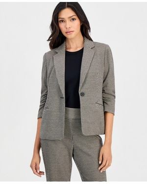 Anne Klein Essentials Petite Houndstooth Scrunch-sleeve Blazer - Gray