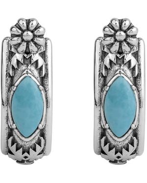 American West Jewelry Sterling Silver Kingman Turquoise Marquise Cut huggie Hoop Earrings - Blue