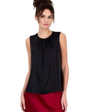 Anne Klein Sleeveless Pleated Boat Neck Blouse - Black