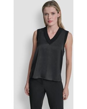 DKNY Mixed Media V-neck Sleeveless Sweater - Black