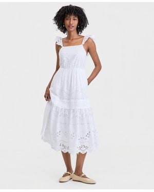 On 34th Cotton Poplin Eyelet Pintucked Midi Dress - White