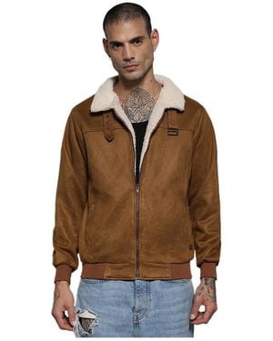 Campus Sutra Zip-front Jacket With Fleece Detail - Brown