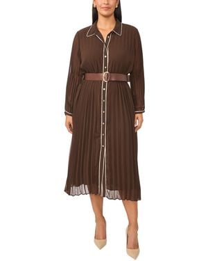 Vince Camuto Plus Size Pleated Button-up Long Sleeve Midi Dress - Brown