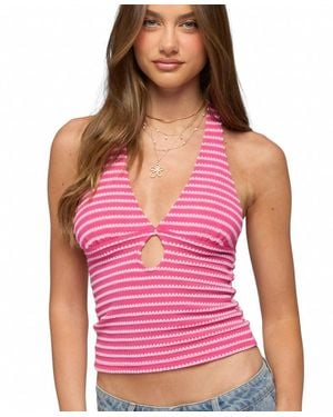 Edikted Maylah Keyhole Striped Textured Halter Top - Pink