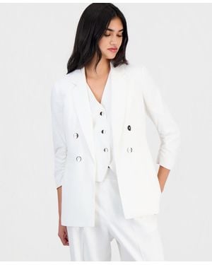 BarIII Ruched-sleeve Open-front Linen Blazer - White