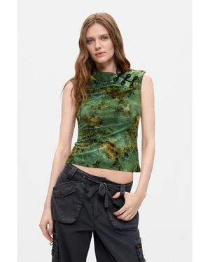 Desigual Flocked Printed Sleeveless Blouse - Green