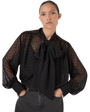 Hush Tie Neck Flocked Spot Blouse - Black