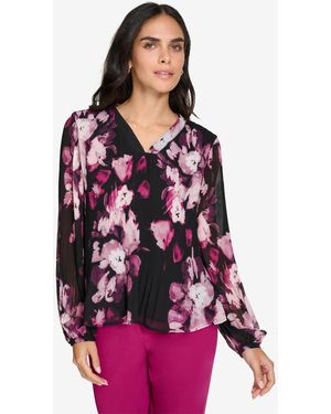 売れ筋商品|||カルバンクライン カットソー トップス レディース Petite Printed Long Sleeve Tie-Neck Blouse Navy/cream Calvin Klein Women's Petite Long-Sleeve Tie-Neck Top (PM