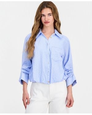 Democracy Petite Smocked Collar Bubble-hem Striped Collared Shirt - Blue