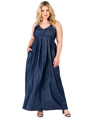 Standards & Practices Plus Size Denim Halter Neck Maxi Slip Dress - Blue
