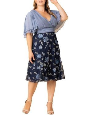 Kiyonna Plus Size Lillian Embroidered Mesh Midi Cocktail Dress - Black