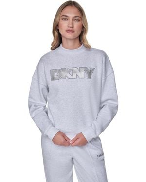 DKNY Bowery Foil Rhinestone Logo Crewneck Pullover Sweatshirt - Blue