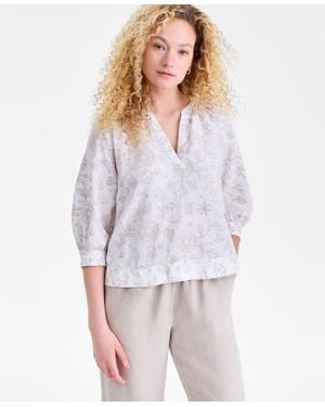 Charter Club 100% Linen Embroidered Popover Blouse - White