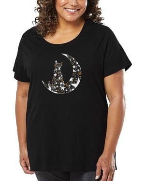 LA Pop Art Plus Size Cat Sitting On Moon Art T-shirt - Black