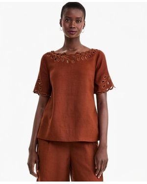 Charter Club Boat Neck Short Sleeve Scalloped-edge Linen Blouse - Brown
