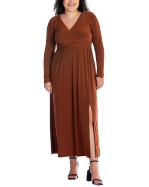 24seven Comfort Apparel Plus Size Long Sleeve V-neck Maxi Dress - Brown