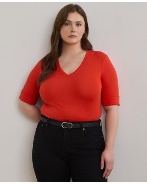 Ralph Lauren Plus Size Stretch Cotton Elbow-sleeve V-neck Tee - Red