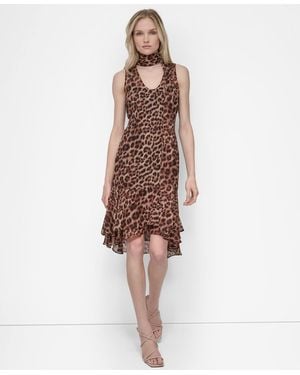 DKNY Sleeveless Scarf Neck Ruffle Dress - Natural