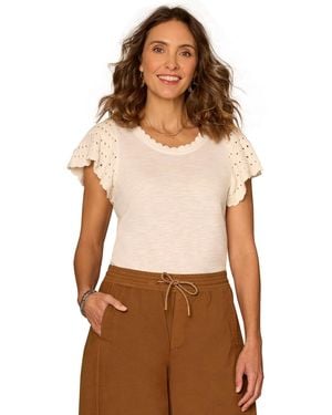 Democracy Petite Crochet-trim Flutter-sleeve Knit Top - Brown