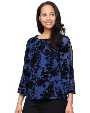 Alex Evenings Flocked Yoryu Split-sleeve Blouse - Blue