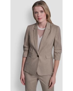 DKNY Petite Ruched Sleeve Notch Collar Blazer - Brown
