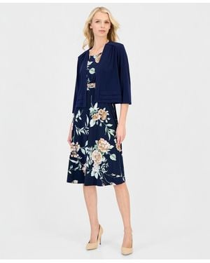 Sandra Darren Petite 2-pc. Floral Jersey Dress & Knit Jacket Set - Blue