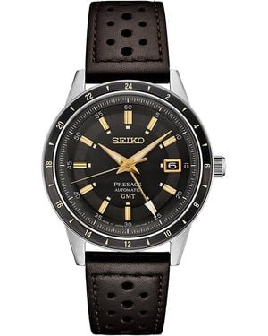 Seiko Automatic Presage Gmt Brown Perforated Leather Strap Watch 41mm - Black