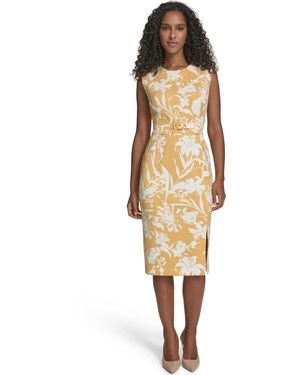 Calvin Klein Printed Crewneck Belted Dress - Yellow