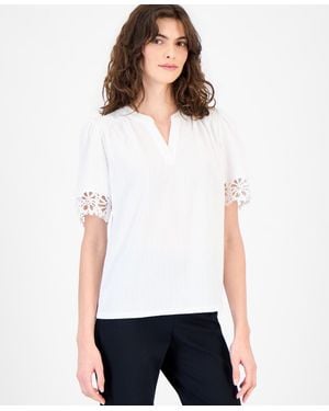 Anne Klein Split-neck Lace-trim Top - White