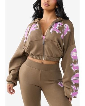 TRUE RELIGION Crystal Patched Relaxed Zip Hoodie Sweatshirt - Brown