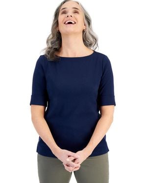 Style & Co. Boat-neck Elbow Sleeve Cotton Top - Blue
