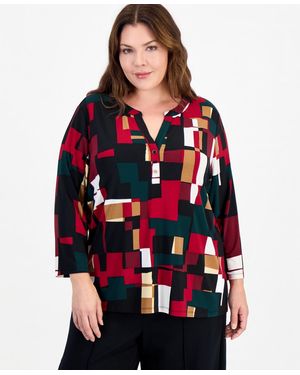 Anne Klein Essentials Plus Size Henley 3/4-sleeve Top - Red